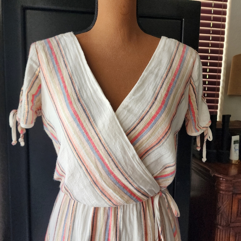 City Studio cream / multi color V neck lightweight cotton dress juniors medium - Picture 2 of 8